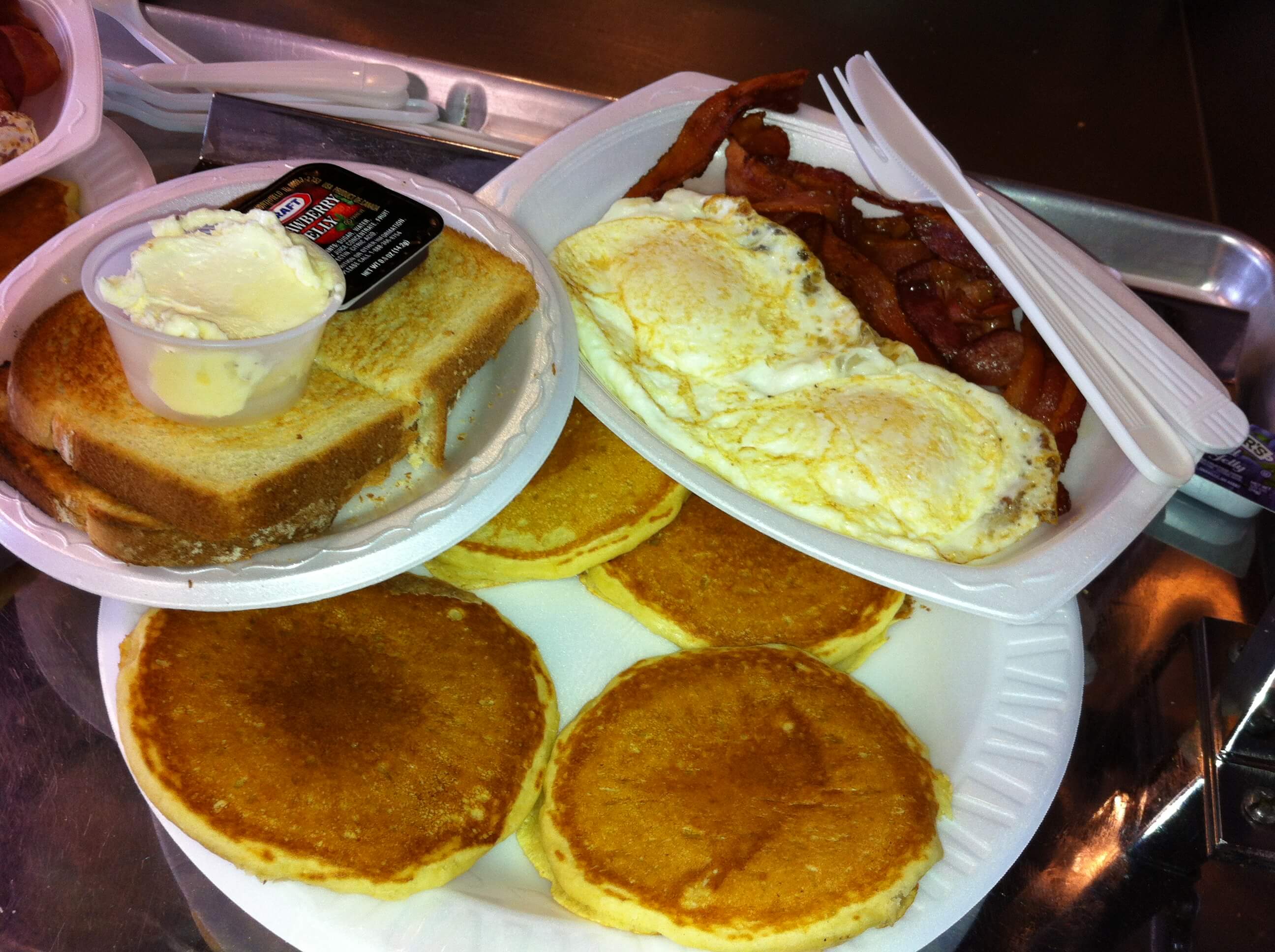 Eggs, bacon and pancakes breakfast